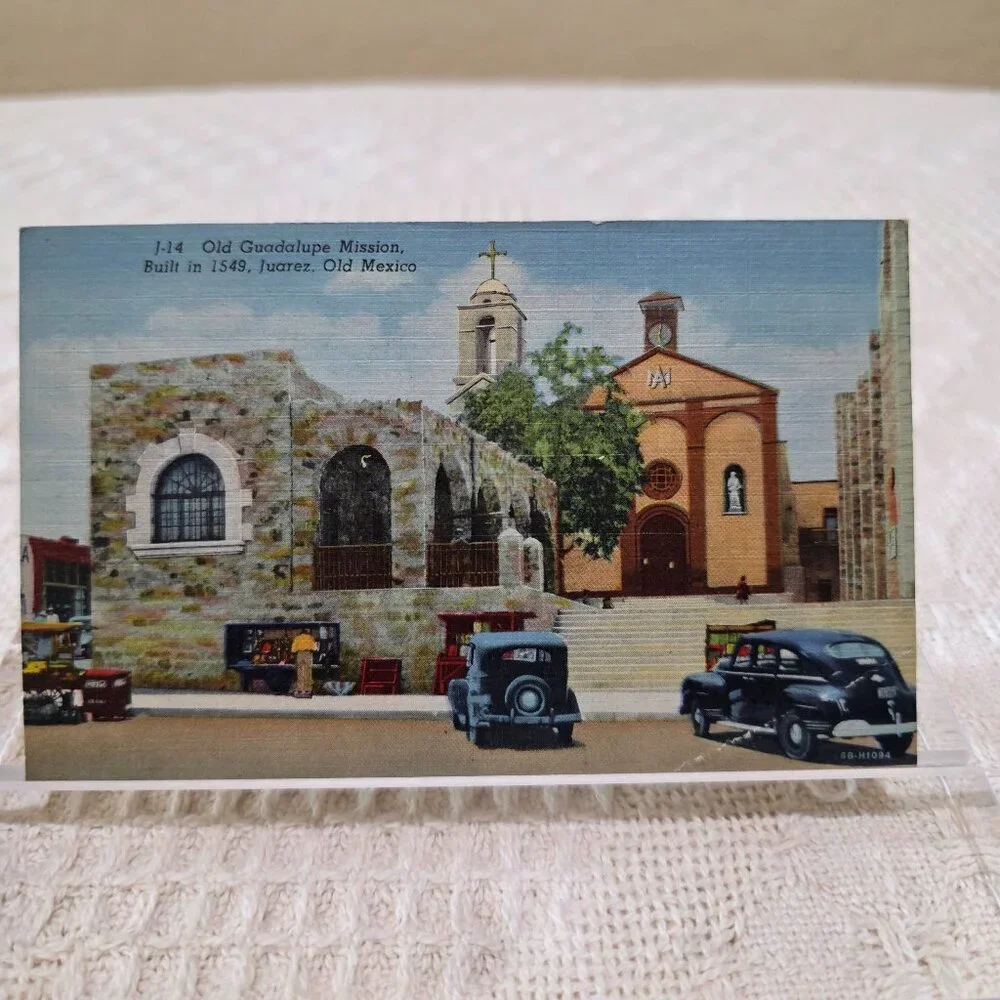 Vintage Old Guadalupe Mission Juarez Mexico Linen Postcard UNP Antique Auto Cars